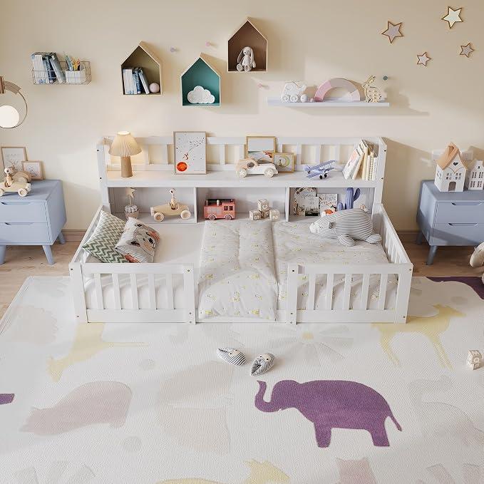 Bodenbett, 90 x 200 cm, mit Sicherheitsbarriere und Lattenrost, Kinderbett 90 x 200 cm mit Bibliothek, Montessori-Bettrahmen aus Massivholz, Kiefer, Weiß