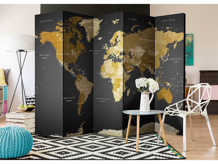 Paravent Map Dark Background 1-seitig Vlies auf Massivholz Schwarz 225 x 172 x 3cm