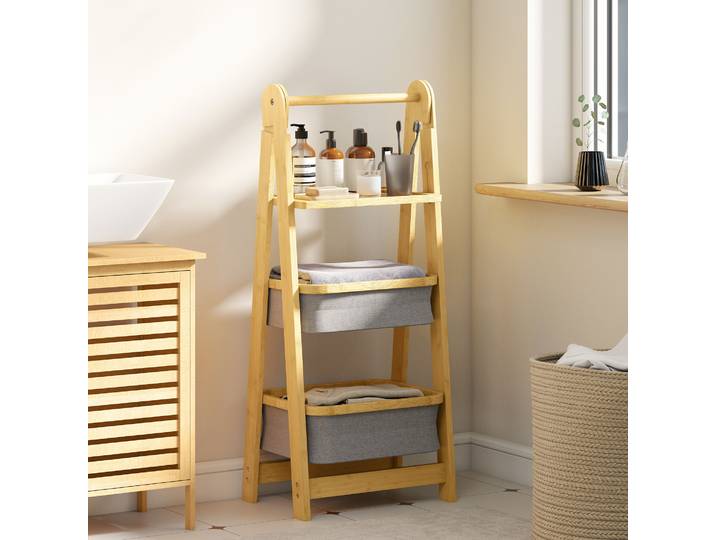 HOMCOM Étagère Bambou Pliable 2 Paniers Linge Gris