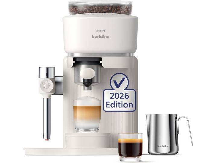 PHILIPS baristina Espressomaschine Latte BAR400/00 mit Mahlwerk für ganze Bohnen und Milchschaumdüse, 3 Schaumarten, 16 bar Pumpendruck, Naturweiß/Weiß