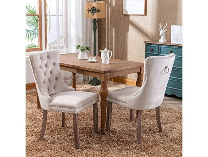 Samt Esszimmerstuhl 2er Set, Esszimmerstuhl Polsterstuhl, Polsterstuhl Esszimmer mit Hoher RüCkenlehne und Nagelkopfbesatz für Arbeitszimmer, KüChe, Schlafzimmer, StüTzbeine aus Holz (Beige)