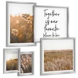 BILDER SET 5er Set - 50x50 cm & 20x30 cm & 40x60 cm Silberner Rahmen - Landschaftsgrasblumen Wärme