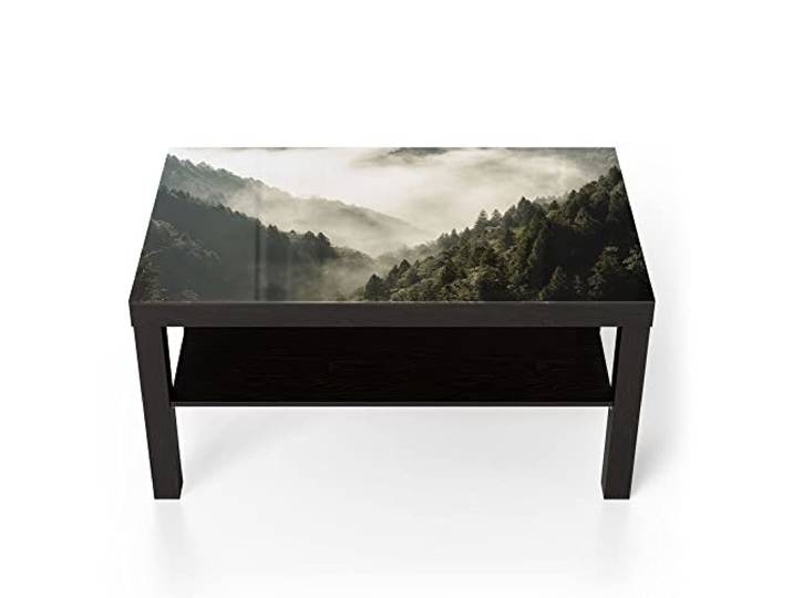 DEQORI Glastisch schwarz groß 90x50 cm Motiv Nebel in den Bergen ausgefallener Beistelltisch aus Glas Hochglanz Couchtisch fürs Wohnzimmer moderner Couch Tisch mit Design