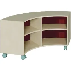 Korpus-Regal auf 1/4-Kreis-Grundriß, Rückwand aus farbiger Plexiglasplatte