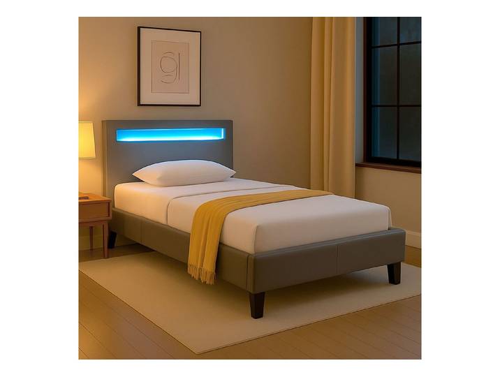 CARO-Möbel Polsterbett MANDALAY, LED Bett 90x200 cm Einzelbett mit Lattenrost und Kunstlederbezug Grau