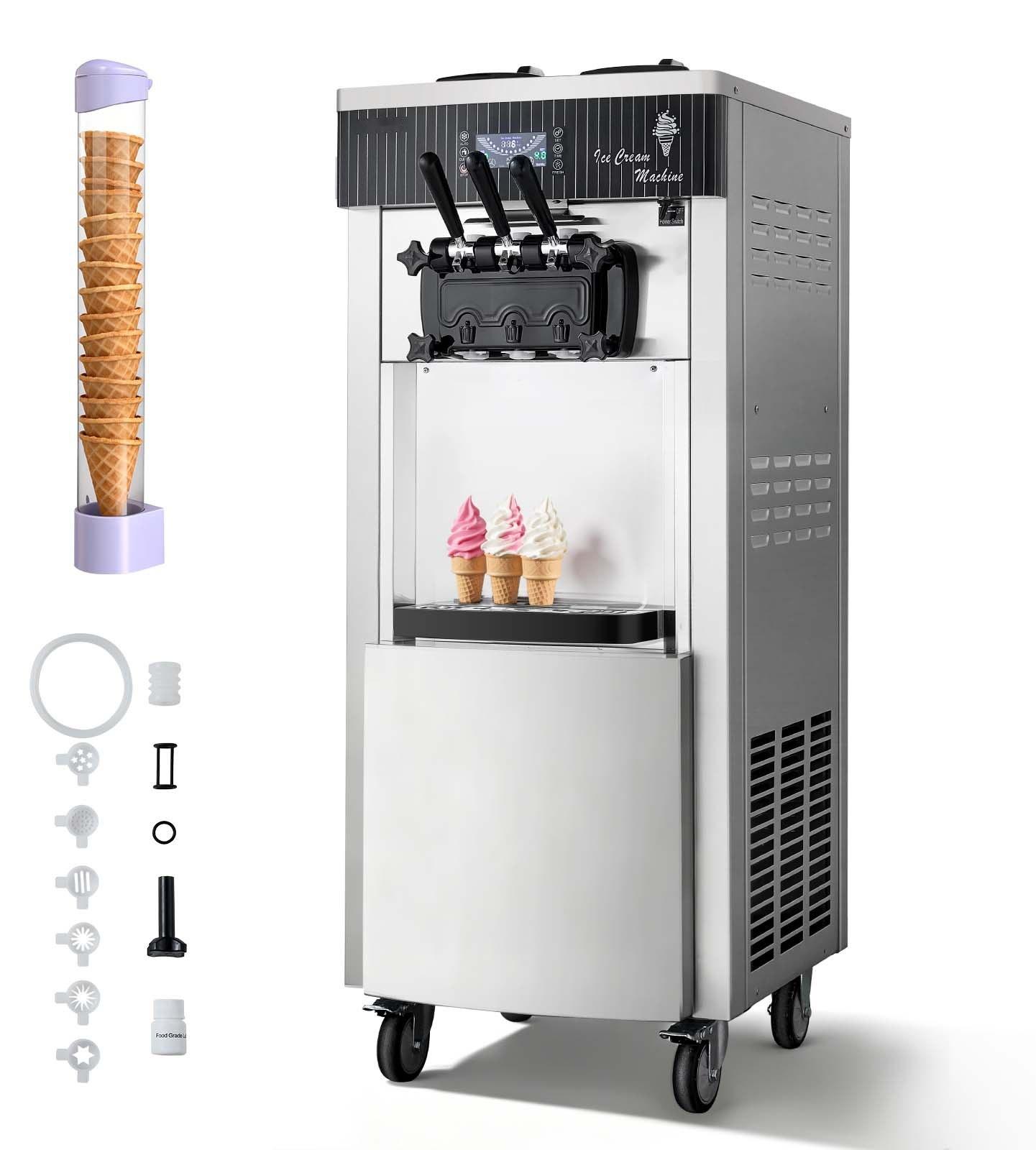 Softeismaschine - Gewerbliche freistehende Eismaschine - 2200 W - 20-28 L/h - 3 Geschmacksrichtungen - 2 x 6 L Behälter - Vorkühlung & Selbstreinigung