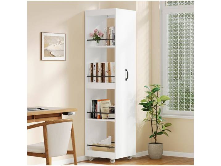 VUENOR Bibliothèque étroite 40 x 30 x 160 5 cm blanche – roulettes barres de protection et porte