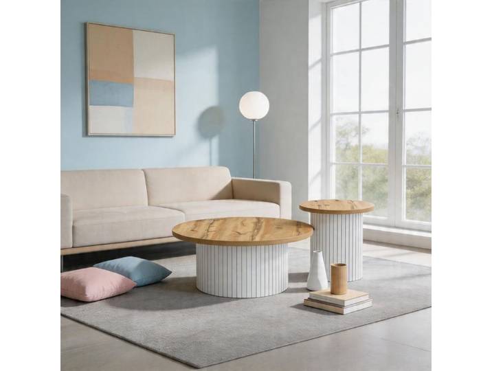 Table basse - Table basse + table d'appoint - Rond - MDF bois naturel - 75×75×35 cm