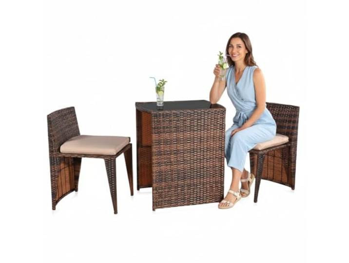 Melko Gartenmöbel Set Balkonmöbel 3-teilig Polyrattan mit Glasplatte Braun beide Stühle unter die Tischplatte schiebbar, inkl. Kissen mit Bezug in Beige, ideal für kleine Terrassen und Gärten