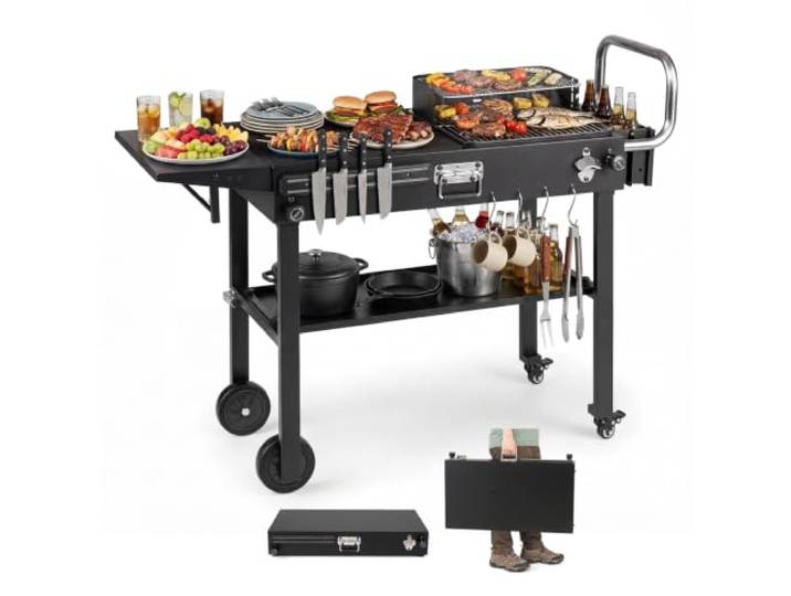 FANTASK Grillwagen Outdoor klappbar mit Rollen, Arbeitsfläche & Seitentisch praktischem Seitentisch, Griff und Haken, vielseitiger Grill- und Servierwagen ideal für BBQ Partys und Garten