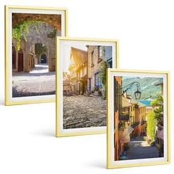 BILDER SET 3er Set - 40x60 cm Goldrahmen - Charmante Steinstraßen