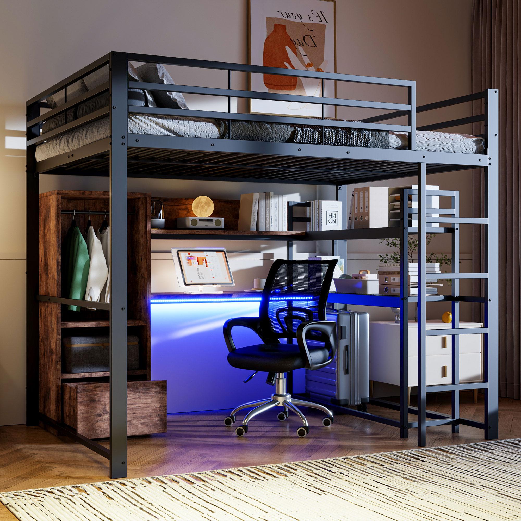 Merax Etagenbett Hochbett 140x200 cm, Kinderbett mit LED-Beleuchtung, Schreibtisch, Schublade, Regalen, Geländer, Eisenbett Stockbett, Schwarz