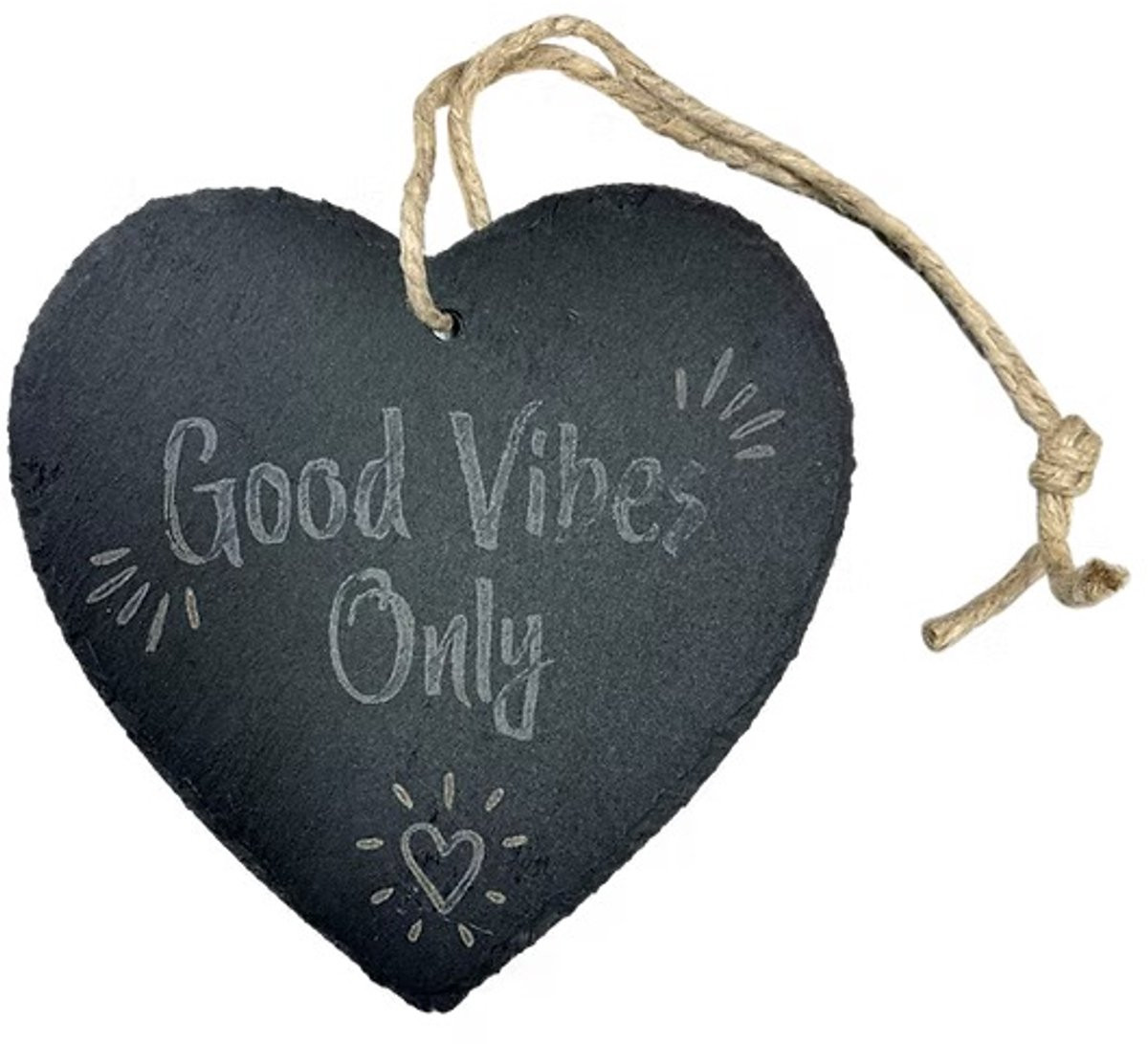 Hartvormig leistenen bordje Good Vibes Only als geschenk
