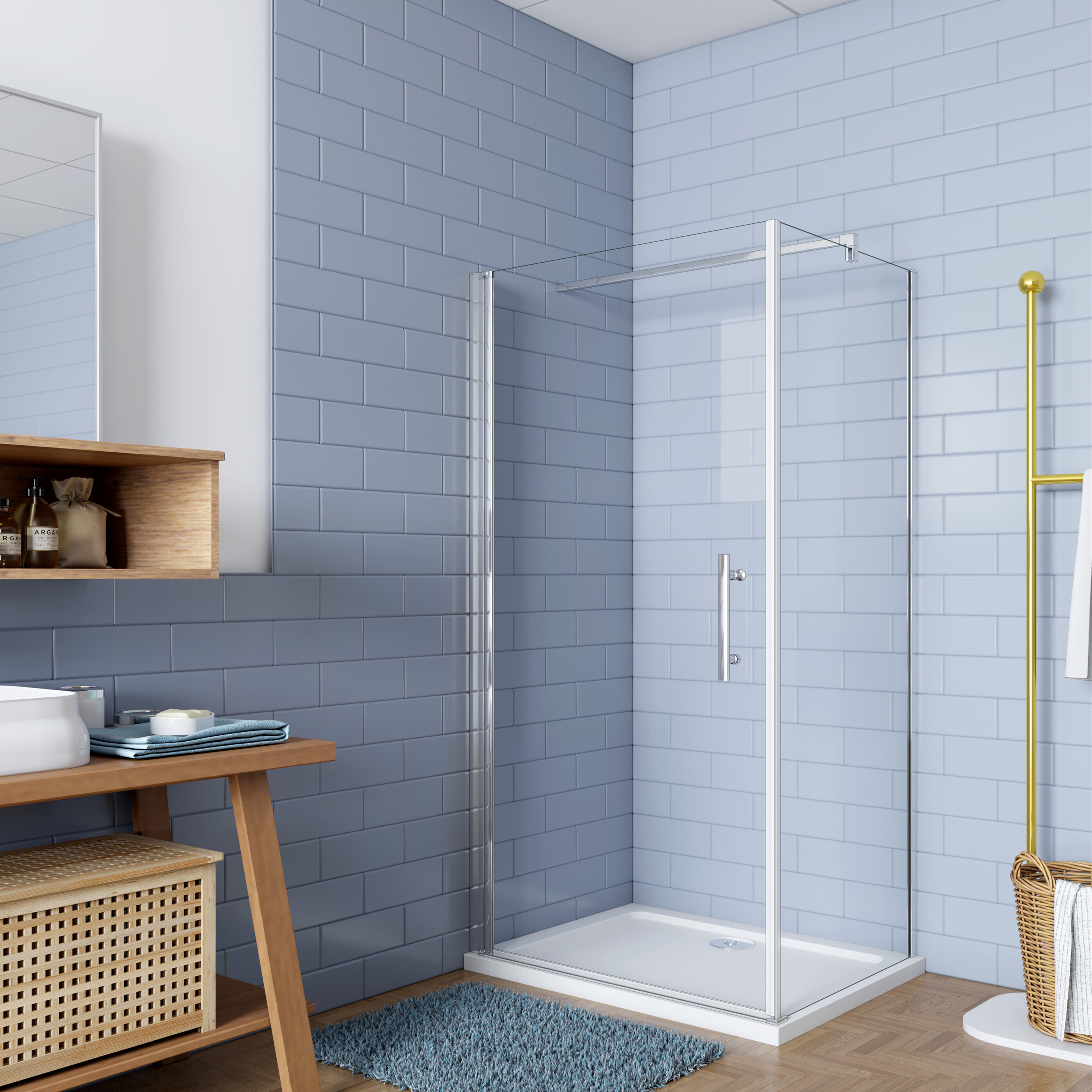 Duschwand: 90x100cm Duschkabine Duschabtrennung Eckeinstieg Dusche Duschtür 6mm NANO-Glas Höhe: 185cm mit Stabilisator 90cm