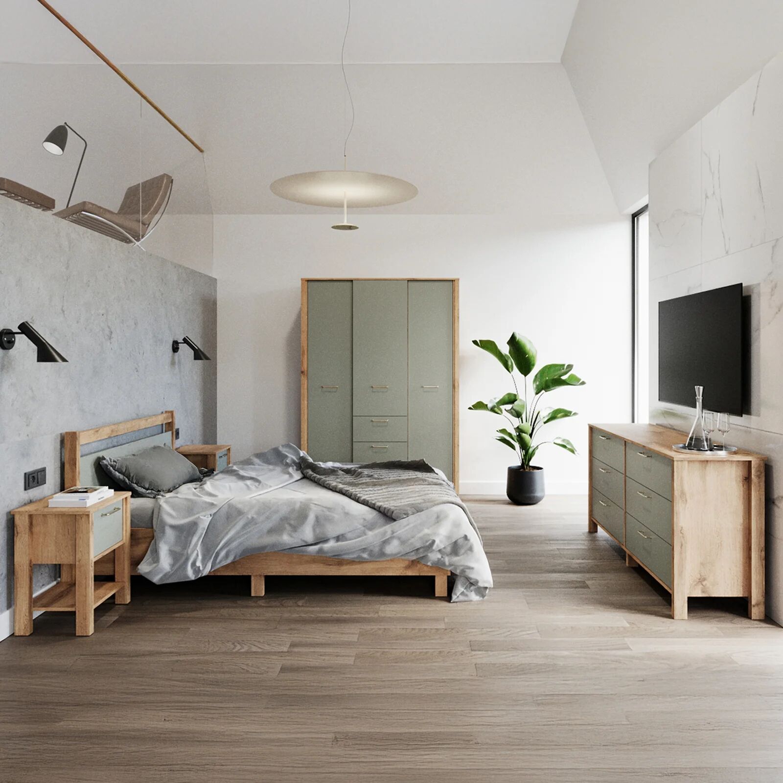 garneroarredamenti Letto singolo 90x200 cm con rete a doghe rovere verde Leave