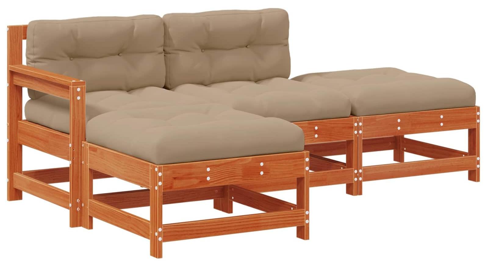 Garten-Loungeset mit Eckbank - Dunkelbraunes Grenadellholz - 4 Sitzplätze - Massivholz - Modular - Mit Kissen