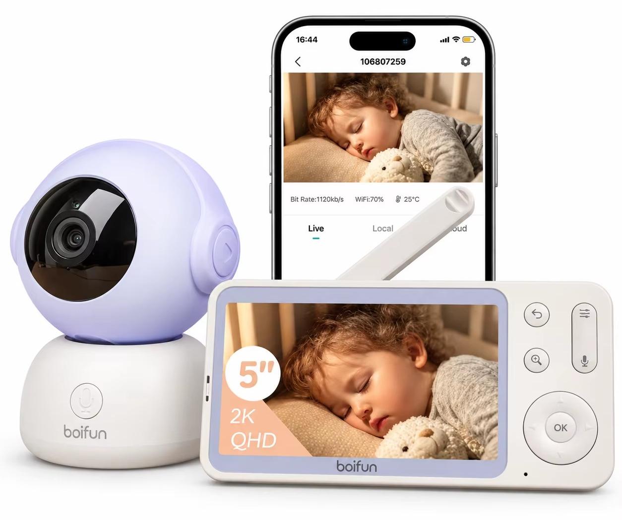Babyphone mit Kamera - Video-Babyphone - 2K 3 MP - 5-Zoll-LCD-Display - PTZ 300°/50° - 10 m Nachtsicht - Bewegungs- und Geräuscherkennung - Zwei-Wege-Audio