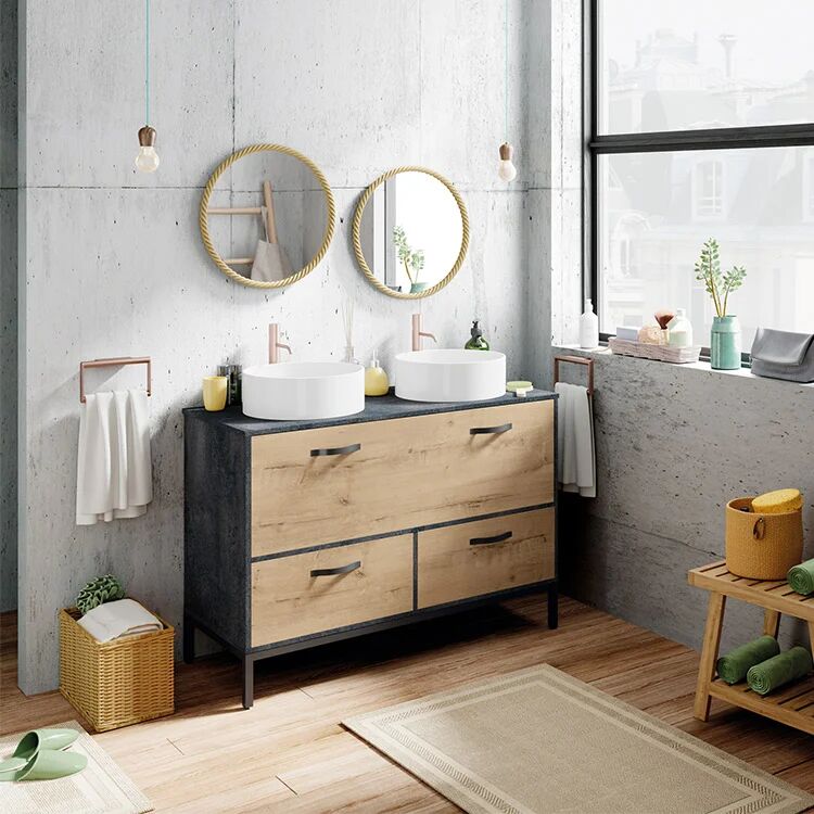 garneroarredamenti Mobile bagno a terra 120cm con doppio lavabo e colonna rovere antracite Crown