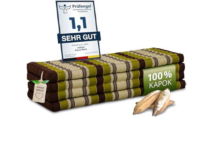 livasia Nachhaltige Klappmatratze Kapok XXL - 200x140x8cm - extrabreite Gästematratze, Faltbare Matratze doppel, ökologische Yogamatte, Gästebett klappbar, Liege Garten Balkon (Braun/Grün)