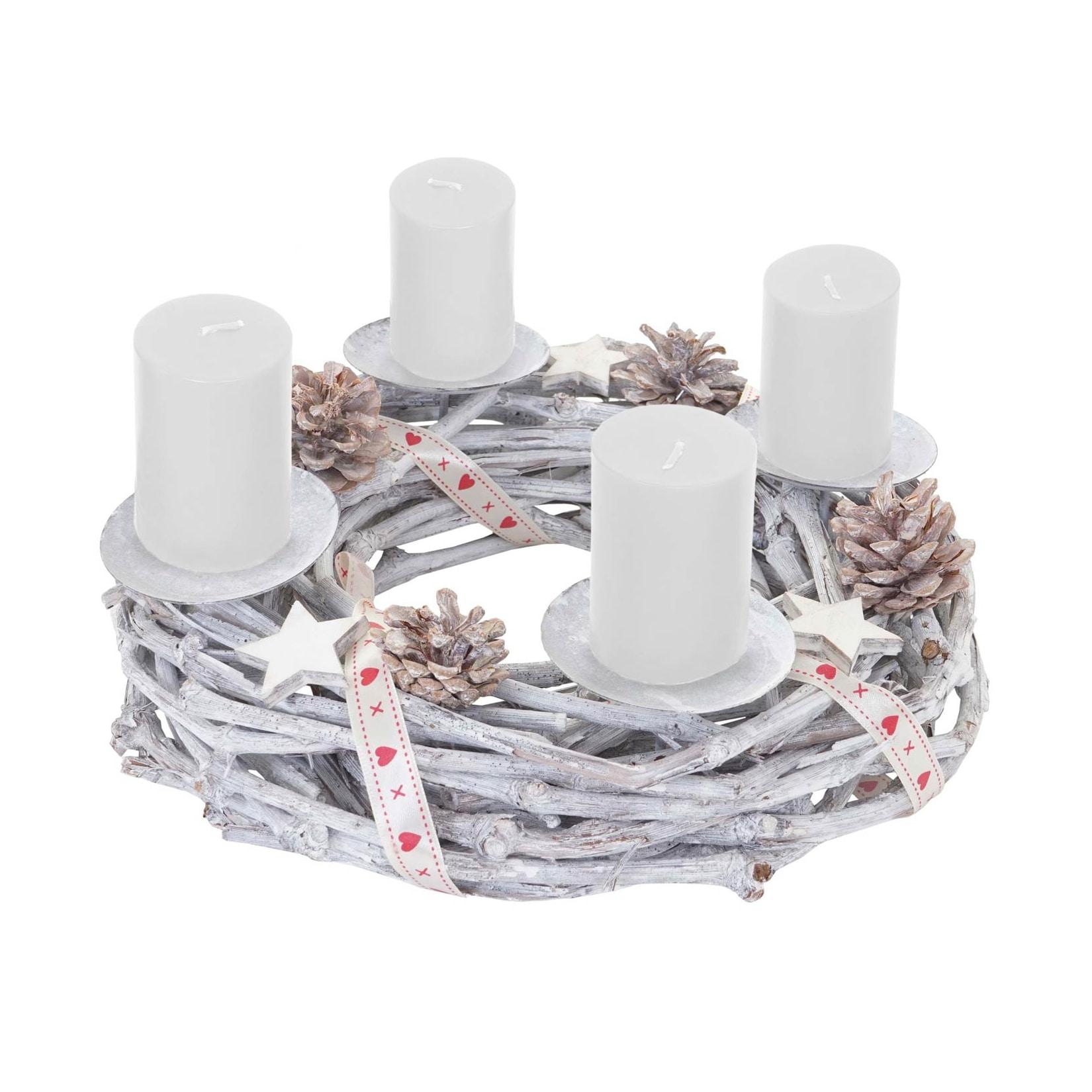 Tischkranz rund, Weihnachtsdeko Adventskranz, Holz Ø 30cm weiß-grau ~ mit Kerzen, weiß