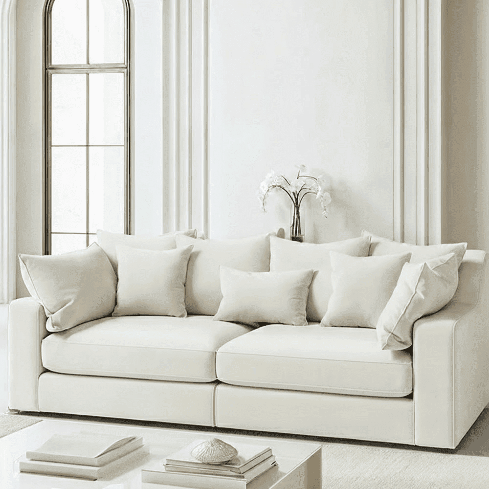 Victoria Cream Velvet 4 Seater Sofa, Pillow Back