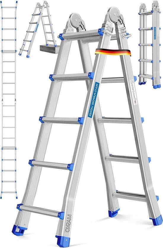 Masko Aluminium Telescopische Steiger en Ladder 3-in-1 Multifunctioneel - 5,1 Meter - Aluminiumkleurig