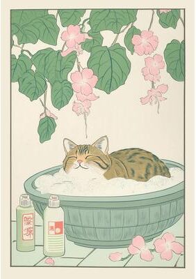 Uplift Picks Japanese Tabby Cat Bathtub Canvas Wall Art Japandi Bathroom Decor Print 14 30x42 Cm