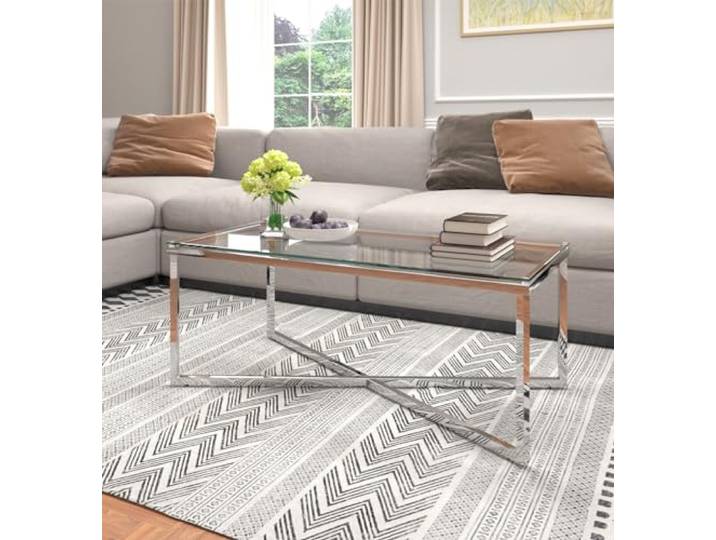 Hallowood Furniture Fein Großer Couchtisch Mit Glasplatte - Rechteckiger Mitteltisch, Moderner Und Eleganter Beistelltisch für Wohnzimmer & Büro