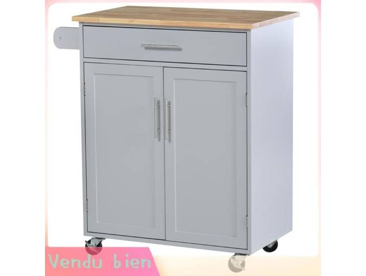 LIA Desserte cuisine roulettes îlot tiroir placard porte-torchons gris