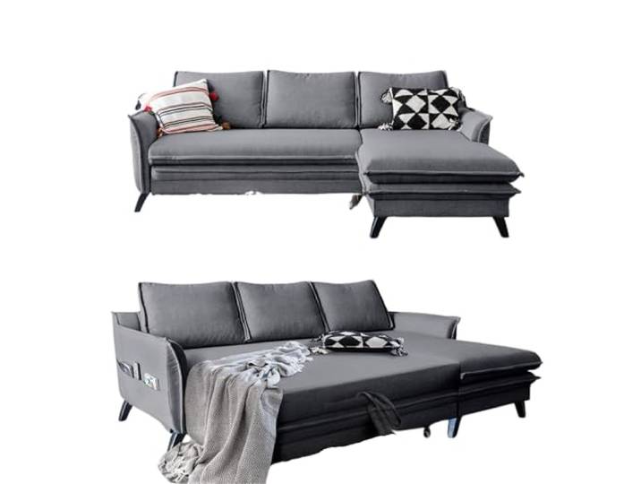 MIUFORM Charming Charlie, 4er Ecksofa mit Schlaffunktion, Rechts, Grau Schlafsofa mit Bettkasten und Bettfunktion, 4 Sitzer Sofa L Form, 228x150x90cm, Couch mit Schlaffunktion, Sofa Bed Klappbar