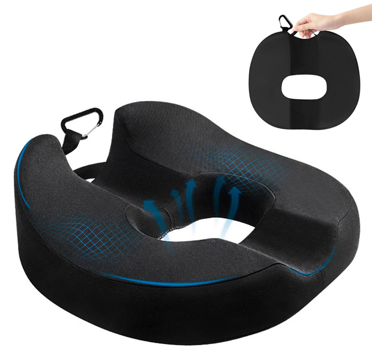 Donutvormig orthopedisch zitkussen van memory foam - Zwart - Ergonomisch stuitbeenkussen voor bureaustoel en auto