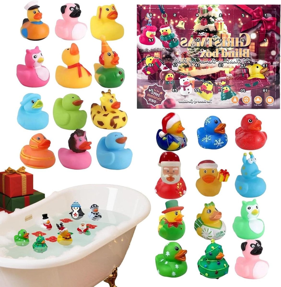 Kerst Eendjes Adventskalender met 24 stuks feestelijke decoratie in multicolor