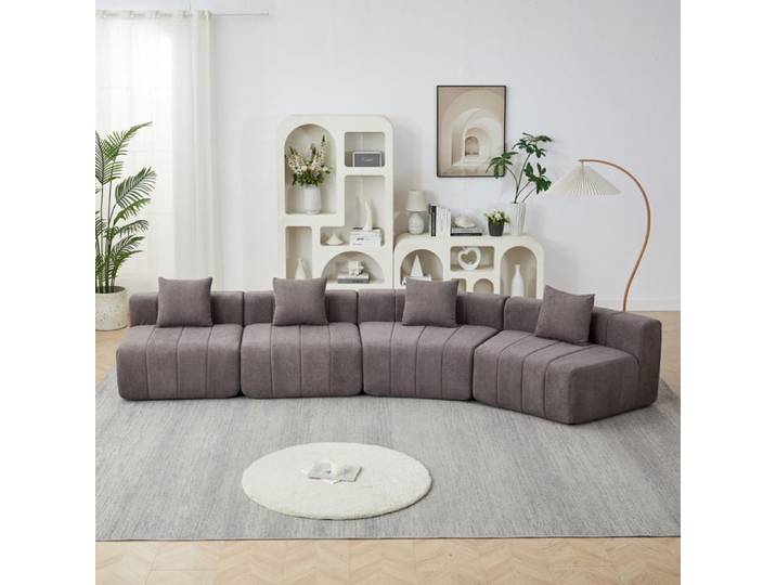 WUVRIE Canapé modulable courbe en chenille gris 4 places 2 coussins sans montage