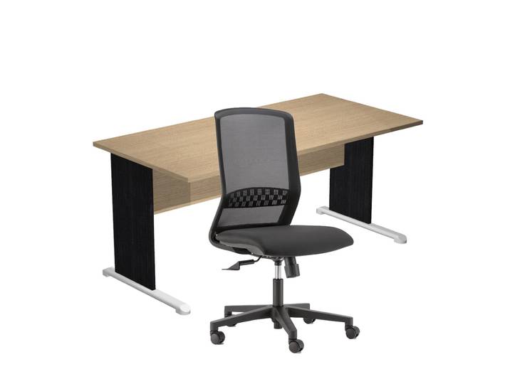 Pack Bureau droit Pronto Bois - L.160 x P.80 cm - Plateau Chêne - Pieds L Noir + siège Tekna Tissu Noir