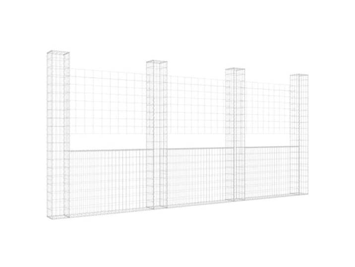 Foknhdi Gabionenwand U-Form mit 4 Säulen Eisen Silber 380x20x200 cm Robuste Drahtgitter Stützmauer aus verzinktem Eisen für die Garten-Landschaftsgestaltung im Außenbereich.