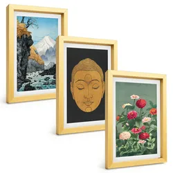 BILDER SET 3er Set - 20x30 cm Goldrahmen - Japanische Natur, Japandi-Kultur