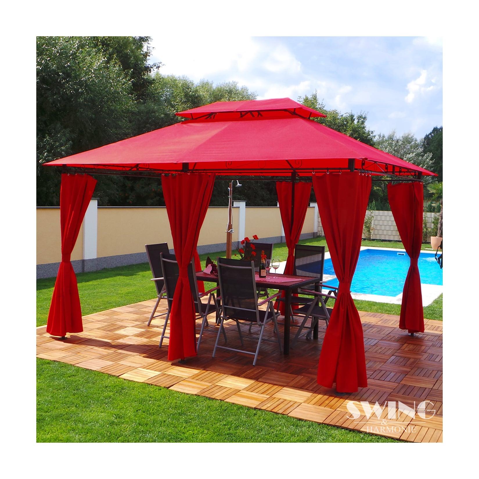 Swing&Harmonie Luxus LED - Pavillon 3x4m Minzo - inkl. Seitenwände mit LED Beleuchtung + Solarmodul Gartenpavillon, rot