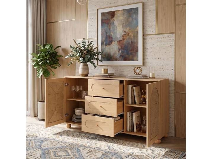 Buffet Enfilade 140x40x80 cm Grand Rangement avec 3 Tiroirs Esprit Bohème Corde Tressée