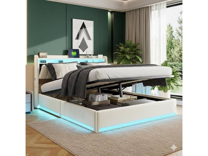 Lit coffre - DREAMMESPACE - 140x200 cm - Velours beige - Éclairage LED - USB intégré