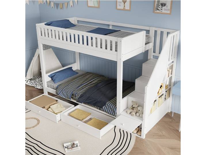 Lit superposé - MAISENTIEL - Maisentiel Lit superposé enfant - 2x90x200 cm - Escalier de rangement - 2 tiroirs