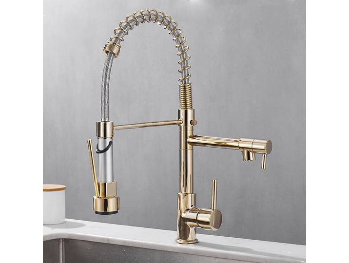 Robinet de cuisine en acier inoxydable doré, mitigeur eau chaude et froide, monotrou, rotation à 360°, robinet à ressort pour évier de cuisine