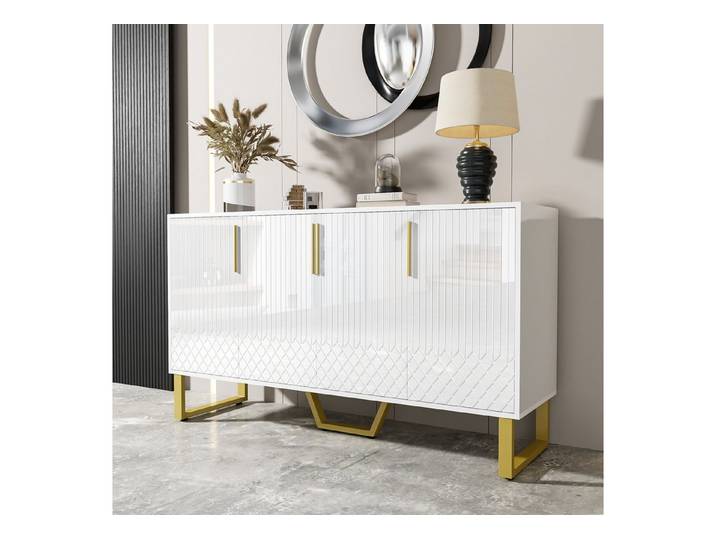 Furnishings Home Sideboard Sideboard 4 Türeneometrisches Design in Weiß Metallgriffe und -beine (1 St), Hochwertige Verarbeitung Seiten- und Oberflächen 140L*40B*80H