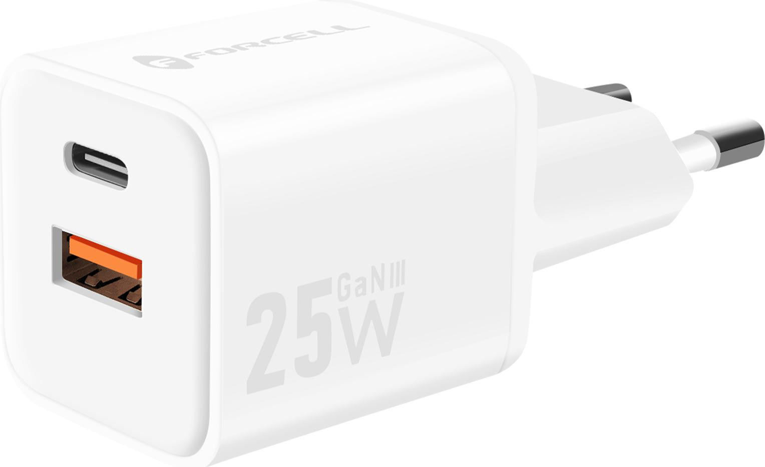 Forcell GaN III 25W netadapter met USB-C en USB, wit
