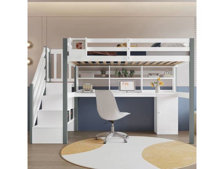 Lit mi-hauteur - KOMHTOM - 90x200 - Bureau intégré - Rangements multiples - Blanc