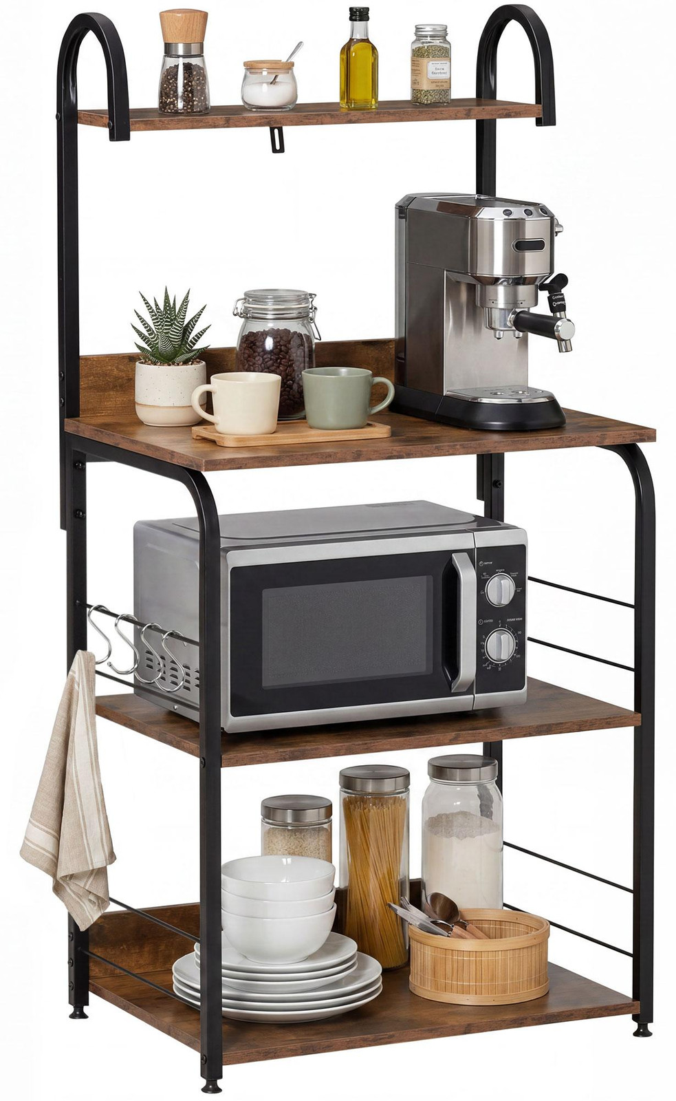 HOMCOM Vrijstaand Keukenrek met 3 Planken en 4 Haken voor Keuken en Eetkamer