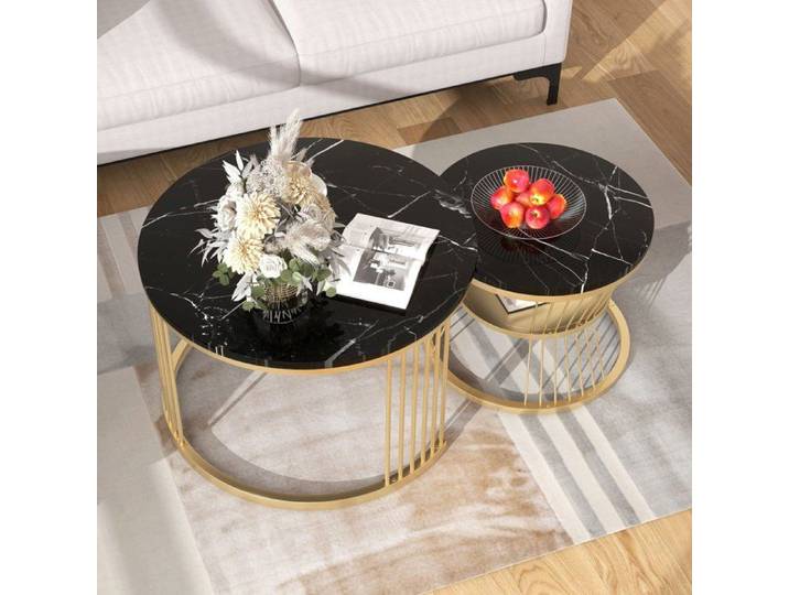 Table basse Table basse salon Tables basses gigogne rondes Table de Salon pour canapé Ensemble de 2 tables basses Noir marbré+Doré