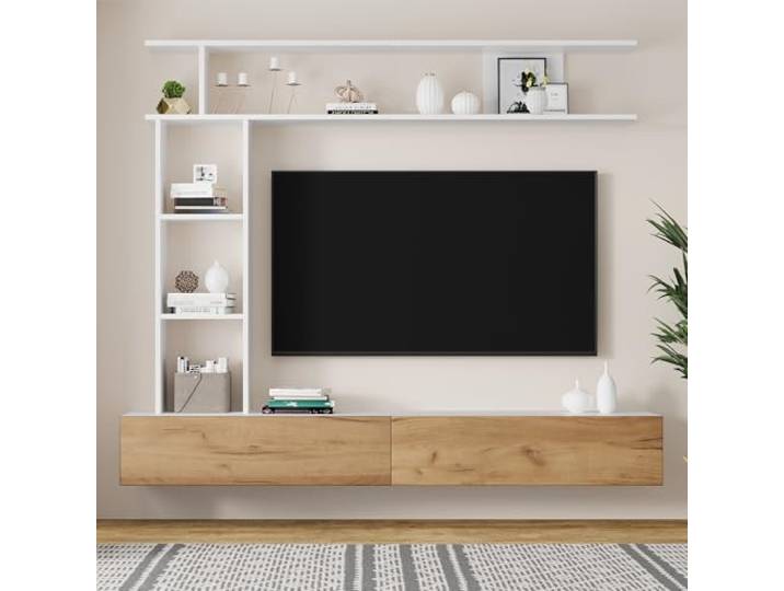 BTM 180 * 35 * 22.5cm TV Wohnwand-Set mit Vitrinen,Mediawand inkl, Standregal und Wandregal,TV-Schrank, stehend&hängend,Weiß + Holzfarbe