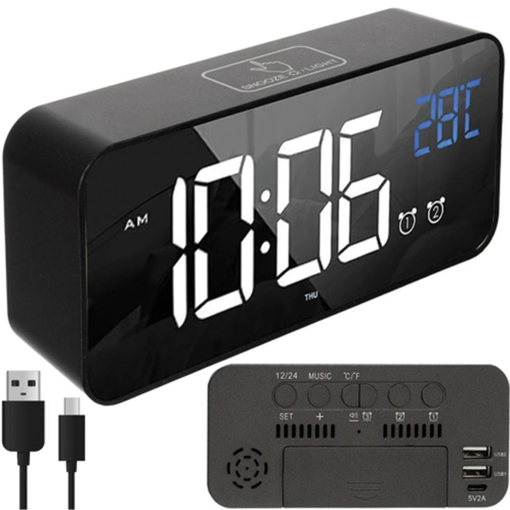 Izoxis Multifunctionele spiegelklok met wekker en thermometer, zwart
