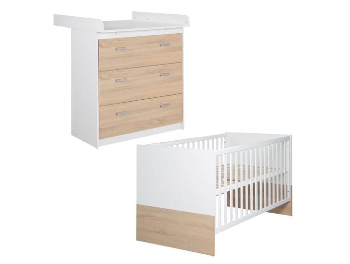 Möbelset 'Gabriella' 2-teilig - Bett 70x140 + Wickelkommode schmal - Weiß & Dekor Eiche