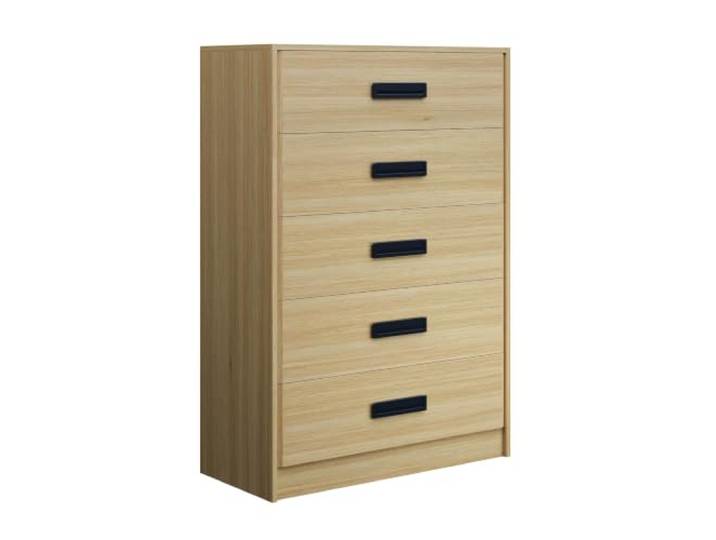 Kommode mit 5 Schubladen, helles Holz, MDF, abgeschrägtes Design Stabile verstärkte Basis, Kippschutz, großer Platz für Kleidung, helle Holzfarbe für jedes Schlafzimmer